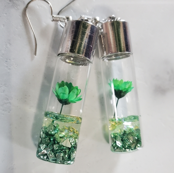Green Wish Flowers Glass Bottle Dangle Earrings - Picture 12 of 12